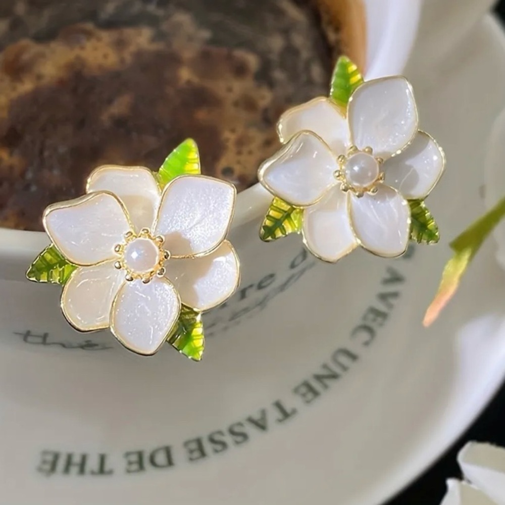 Gold Magnolia Camellia Pearl Flower Earrings Boho Floral Bridal Summer Wedding